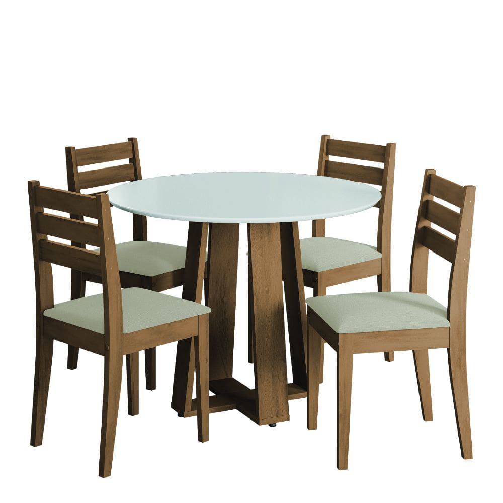 Conjunto de Mesa Sala de Jantar Athenas Redonda 1,03m 4 Cadeiras Dakar Cedro / Off White / Bege Dobuê