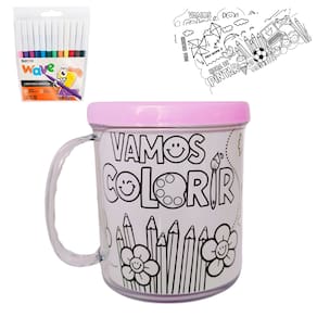 Kit Colorir Caneca Acrílica 350ml+ 12 canetinhas + 4 desenho