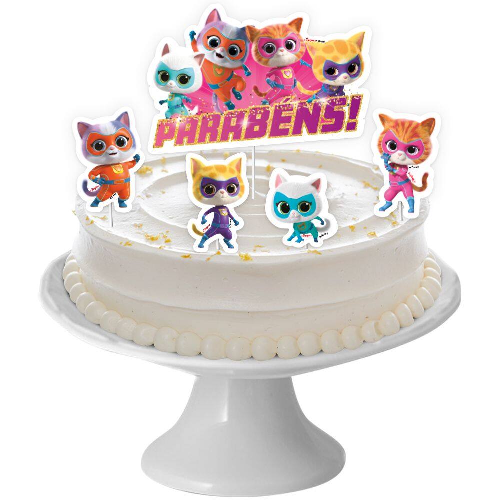 5 Topo Decoração de Bolo Festa Super Gatinhos