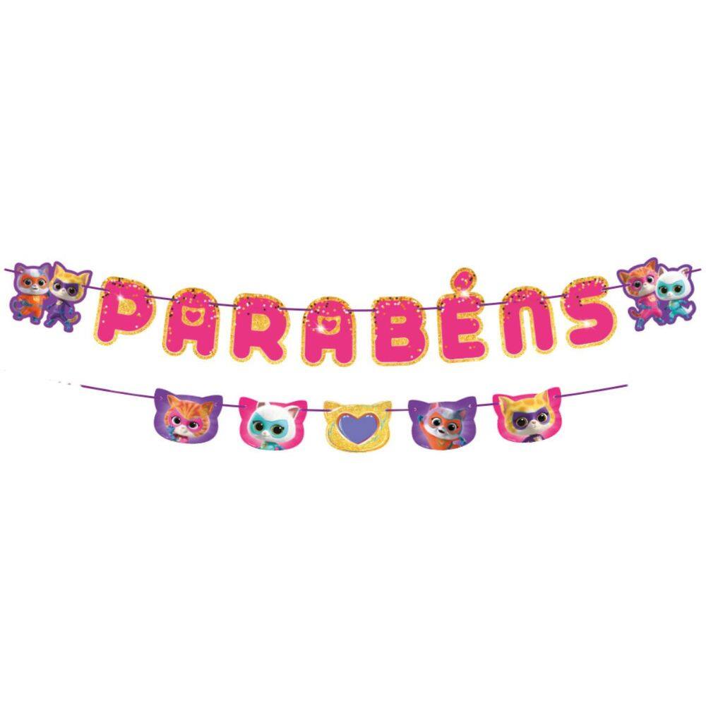 Enfeite Faixa Decoração Parabéns Festa Super Gatinhos