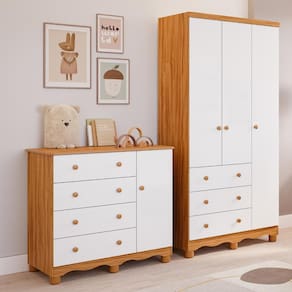 Quarto de Bebê Completo Guarda Roupas 3 Portas Cômoda 1 Porta 3 Gavetas 100% MDF Junior