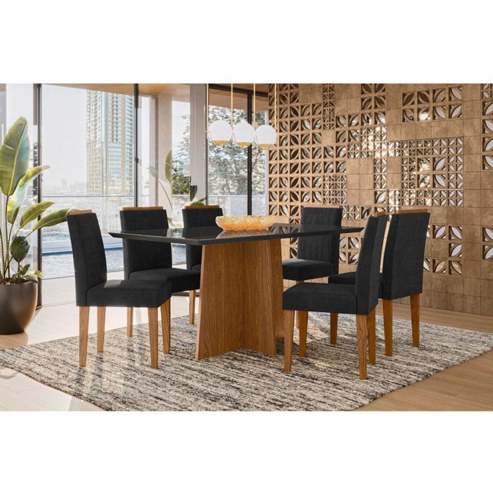 Mesa de Jantar Ambiente Anitta 160x90 cm com Vidro Ype Preto e 6 Cadeiras Ana Ype Veludo Preto - New Ceval