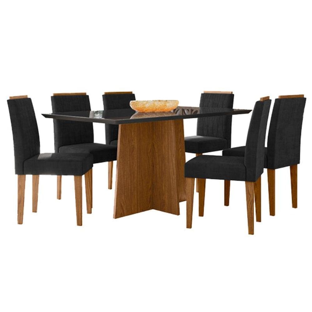 Mesa de Jantar Anitta 160x90 cm com Vidro Ype Preto e 6 Cadeiras Ana Ype Veludo Preto - New Ceval