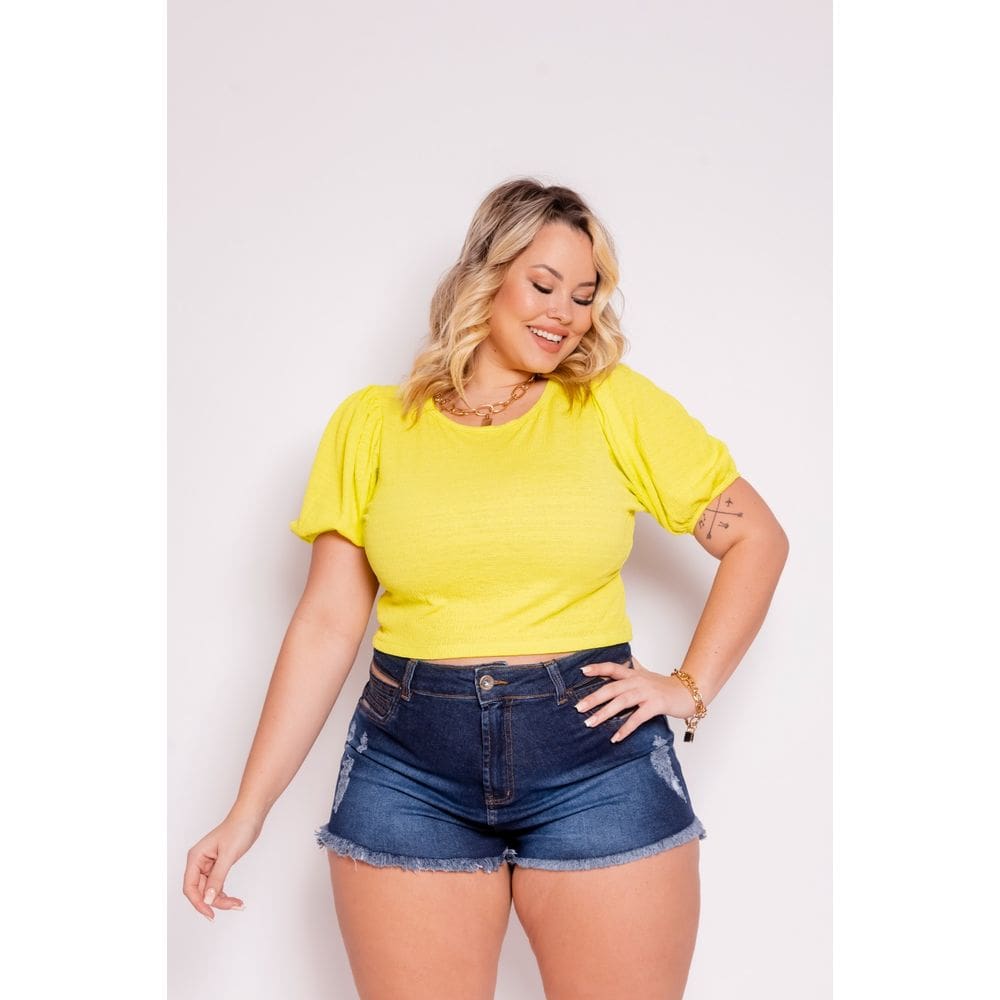 Cropped  Plus Size Liso  Mangas Curtas Bufante