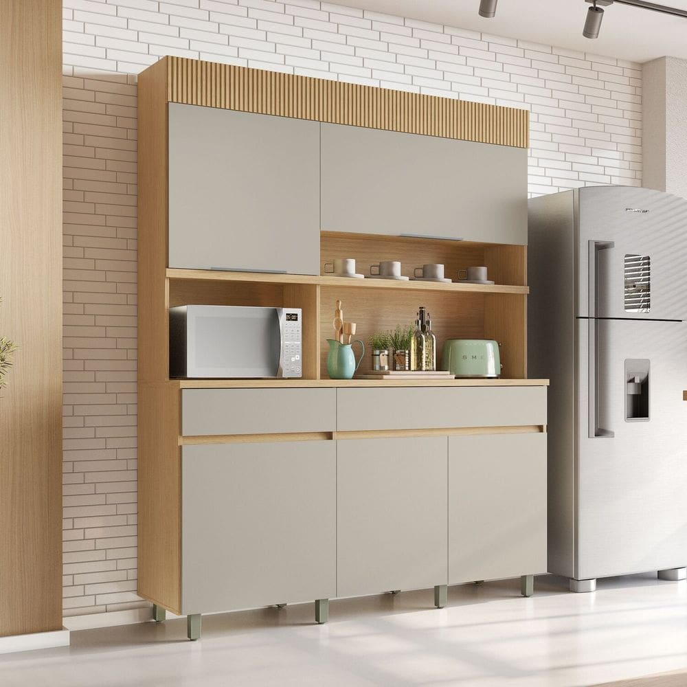 Cozinha Compacta 5 Portas 2 Gavetas Realeza 160cm 100% Mdf Carvalho/Greige