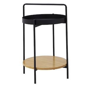 Mesinha Lateral Aura Redonda Apoio Bandeja Metal Madeira Preto/Amêndoa