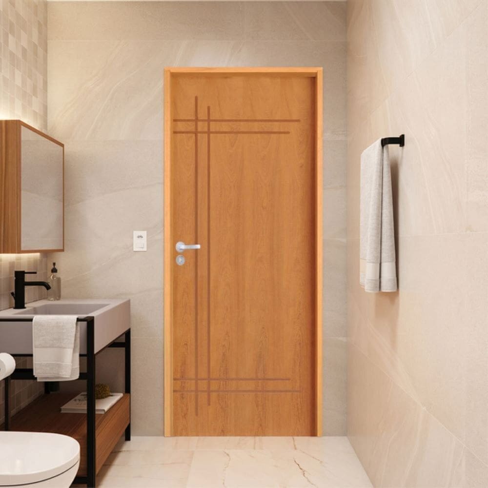 Porta Lisa Padrão Imbuia Belíssima 9 Batente Ecológico 14 Fechadura Stilo Wc 62 X 2,10 D Natural