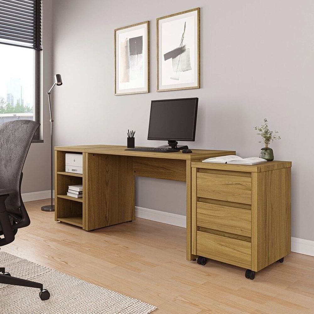 Mesa de Escritório 120cm com Gaveteiro com Rodízio e Prateleiras Ficus Cabecasa Madeiramadeira Rovere