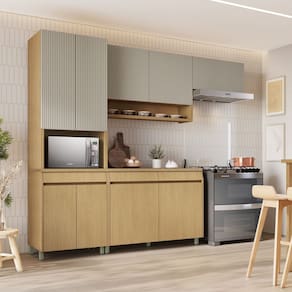 Cozinha Completa 4 Peças 9 Portas 3 Gavetas Simone Mendes 270cm 100% Mdf Carvalho/Greige