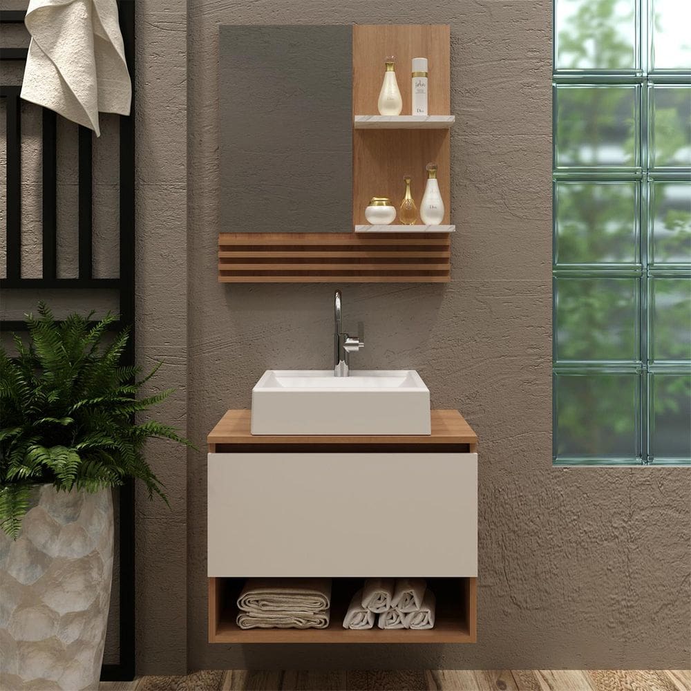 Kit Banheiro com Cuba e Espelheira Amêndoa Mármore Branco Tecno Mobili