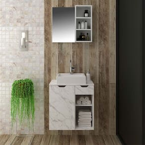 Conjunto Lavabo com Espelho e Cuba Mármore Branco Tecno Mobili