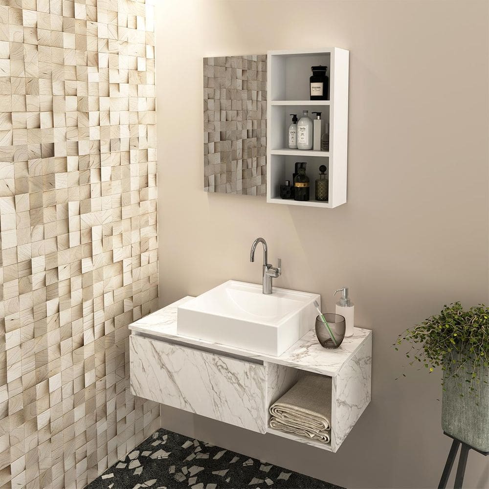Conjunto Banheiro Suspenso Mármore Branco com Cuba e Espelheira Branco Tecno Mobili