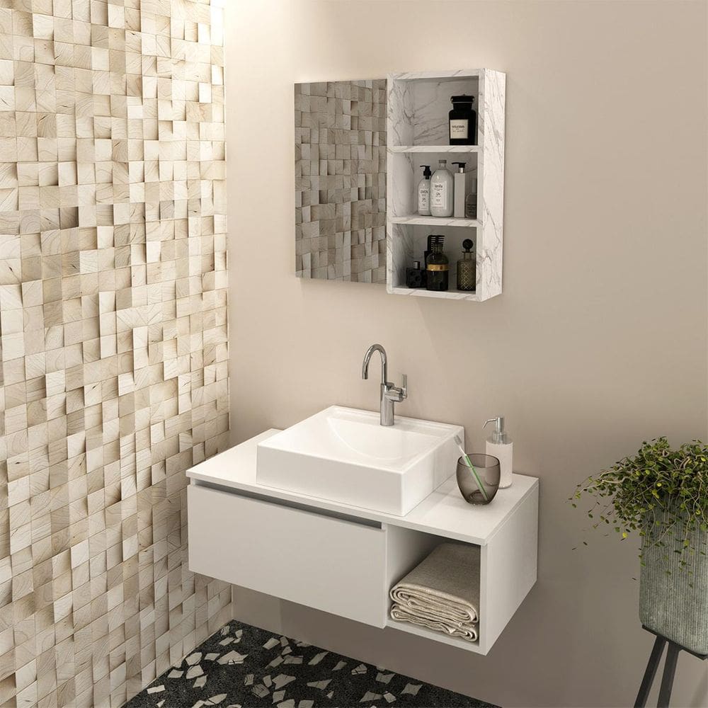 Conjunto Banheiro Suspenso Branco com Cuba e Espelheira Mármore Branco Tecno Mobili