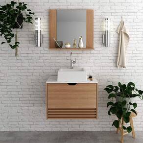 Kit Banheiro Completo com Espelho e Pia Amêndoa Mármore Branco Tecno Mobili