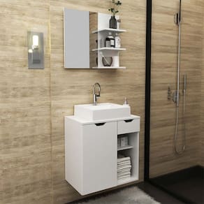 Kit Lavabo com Gabinete Suspenso, Cuba e Espelho Branco Tecno Mobili