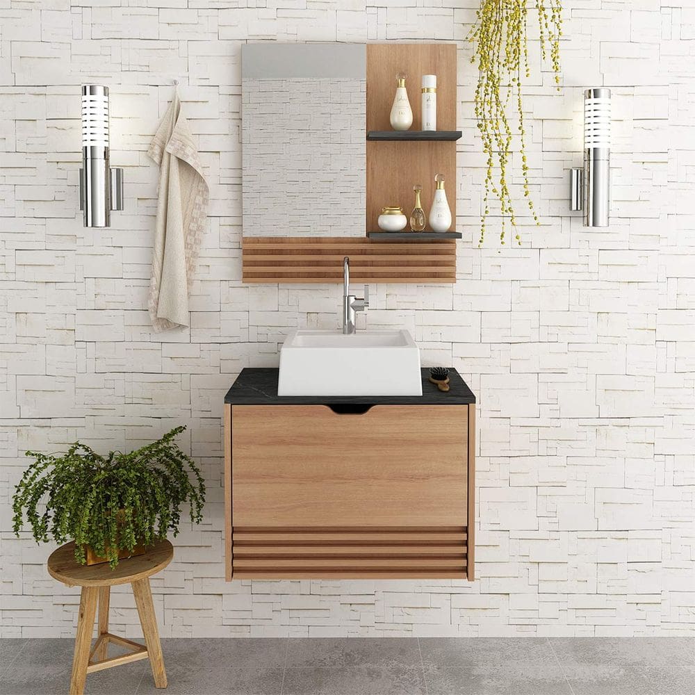 Conjunto Gabinete de Banheiro com Espelho Amêndoa Mármore Lunar Tecno Mobili