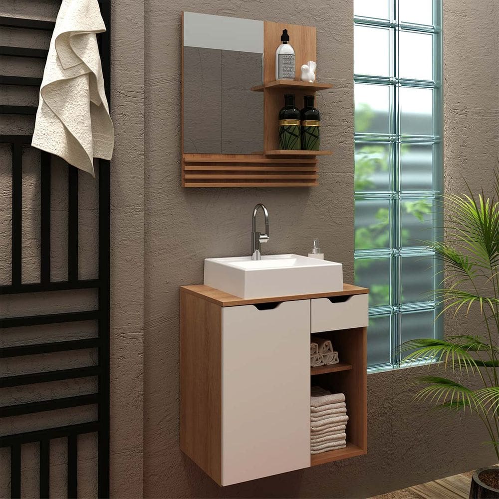 Kit para Banheiro com Espelheira Amêndoa Branco Tecno Mobili