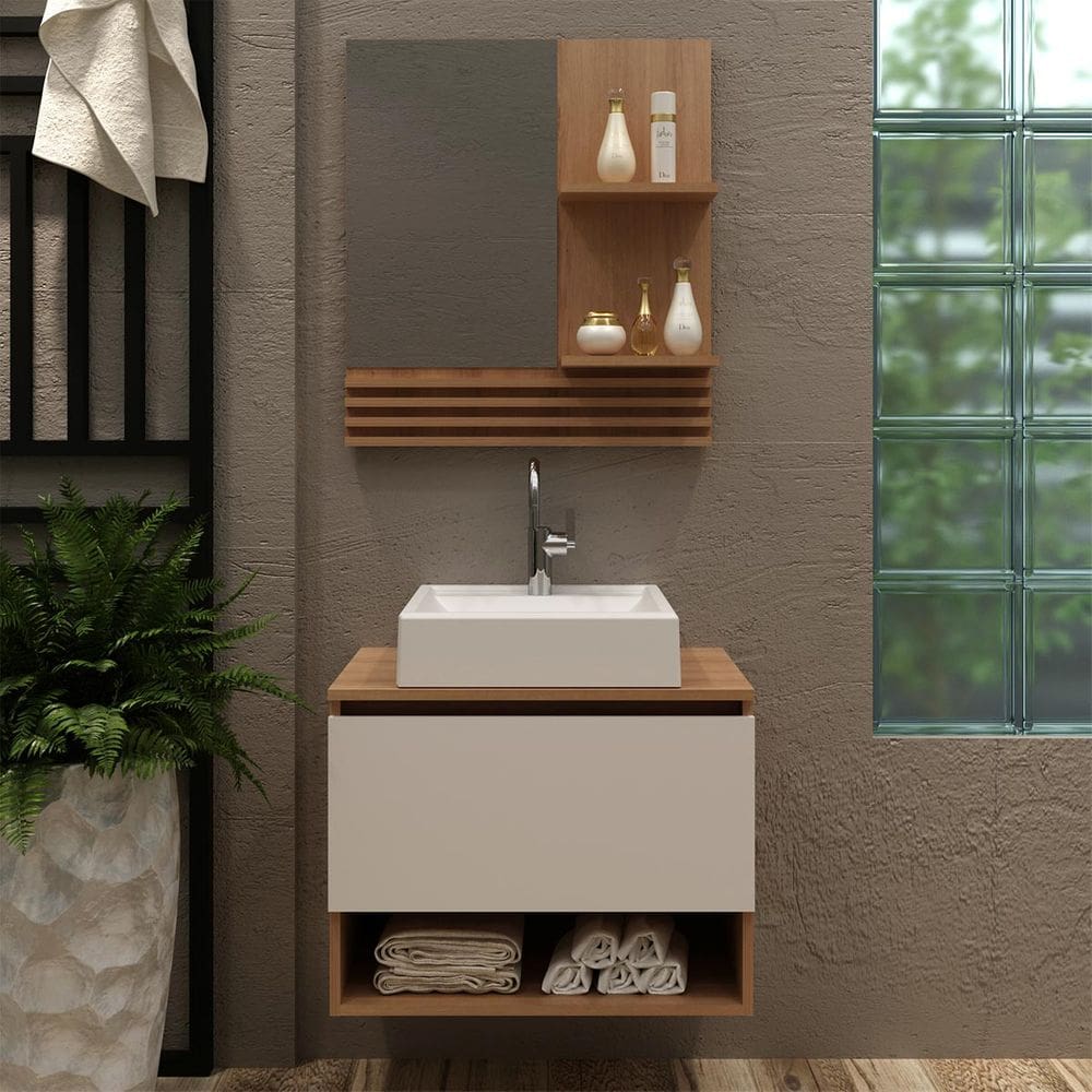 Kit Banheiro com Cuba e Espelheira Branco Amêndoa Tecno Mobili