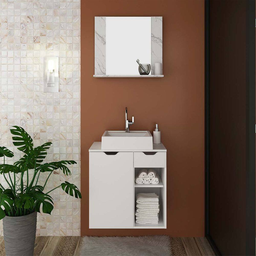 Kit Banheiro com Cuba, Espelho e Gabinete Mármore Branco e Branco Tecno Mobili