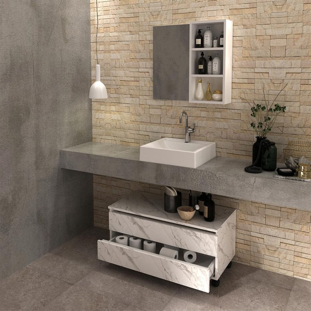 Kit Gaveteiro Móvel para Banheiro Mármore Branco com Espelho Tecno Mobili