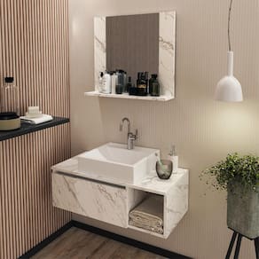 Kit Lavabo Suspenso com Cuba e Espelho Mármore Branco Tecno Mobili