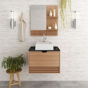 Conjunto Gabinete de Banheiro com Espelho Amêndoa Mármore Lunar Tecno Mobili