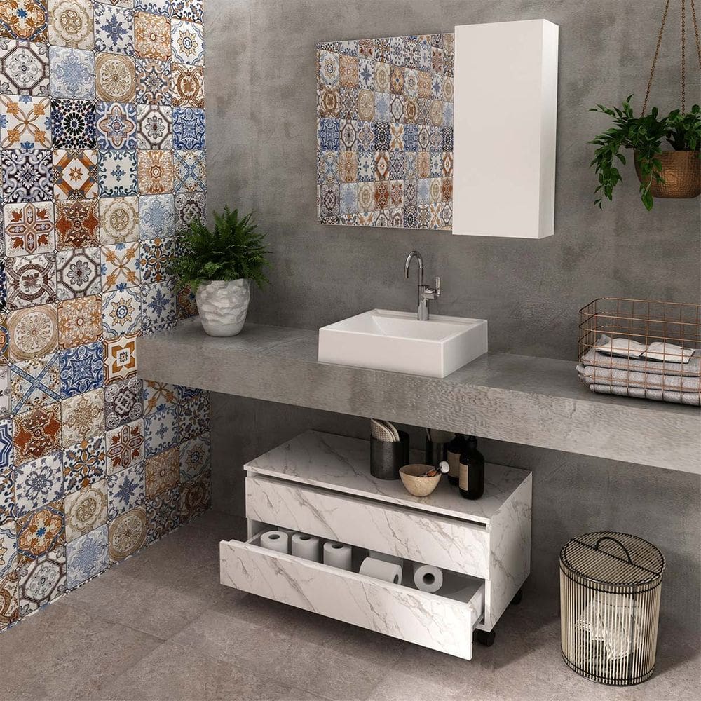 Kit Lavabo com Gaveteiro e Espelheira Mármore Branco Tecno Mobili