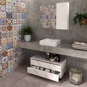 Kit Lavabo com Gaveteiro e Espelheira Mármore Branco Tecno Mobili