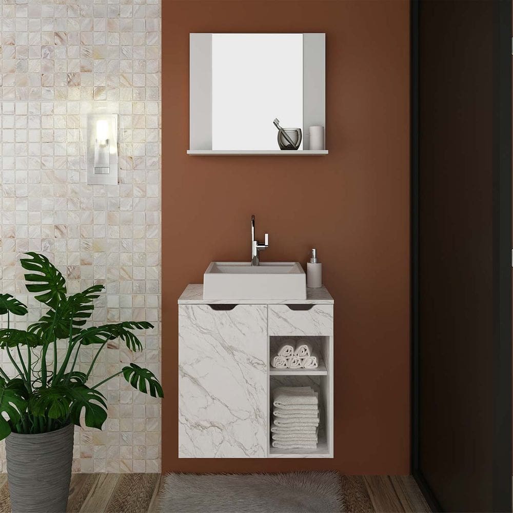 Kit Banheiro com Cuba, Espelho e Gabinete Branco Mármore Branco Tecno Mobili