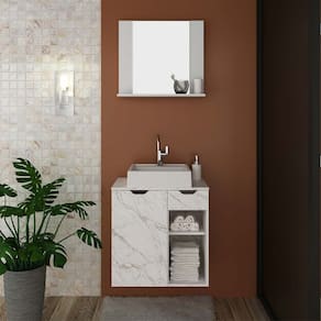 Kit Banheiro com Cuba, Espelho e Gabinete Branco Mármore Branco Tecno Mobili