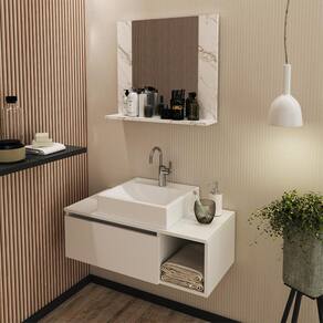 Kit Lavabo Suspenso Branco com Cuba e Espelho Mármore Branco Tecno Mobili