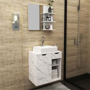 Kit Lavabo com Gabinete Suspenso, Cuba e Espelho Mármore Branco Tecno Mobili
