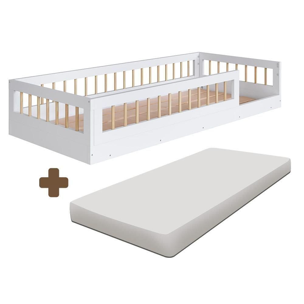 Cama Montessori Infantil Solteiro Com Grade De Proteção 84 X 195 Cm Com Colchão Branco Suki Jm M