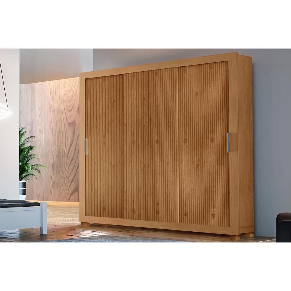 Guarda Roupa 3 Portas de Correr e 4 Gavetas c/ Pés Veneza Flex Naturalle/Ripado 3D - Rufato