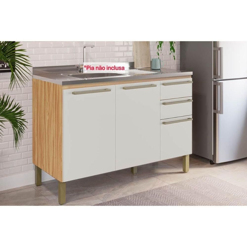 Balcão de Cozinha Modulado p/ Pia Nápoli Prime 3 Portas e 2 Gavetas s/Tampo 120cm Amendoa/Off White - Ronipa