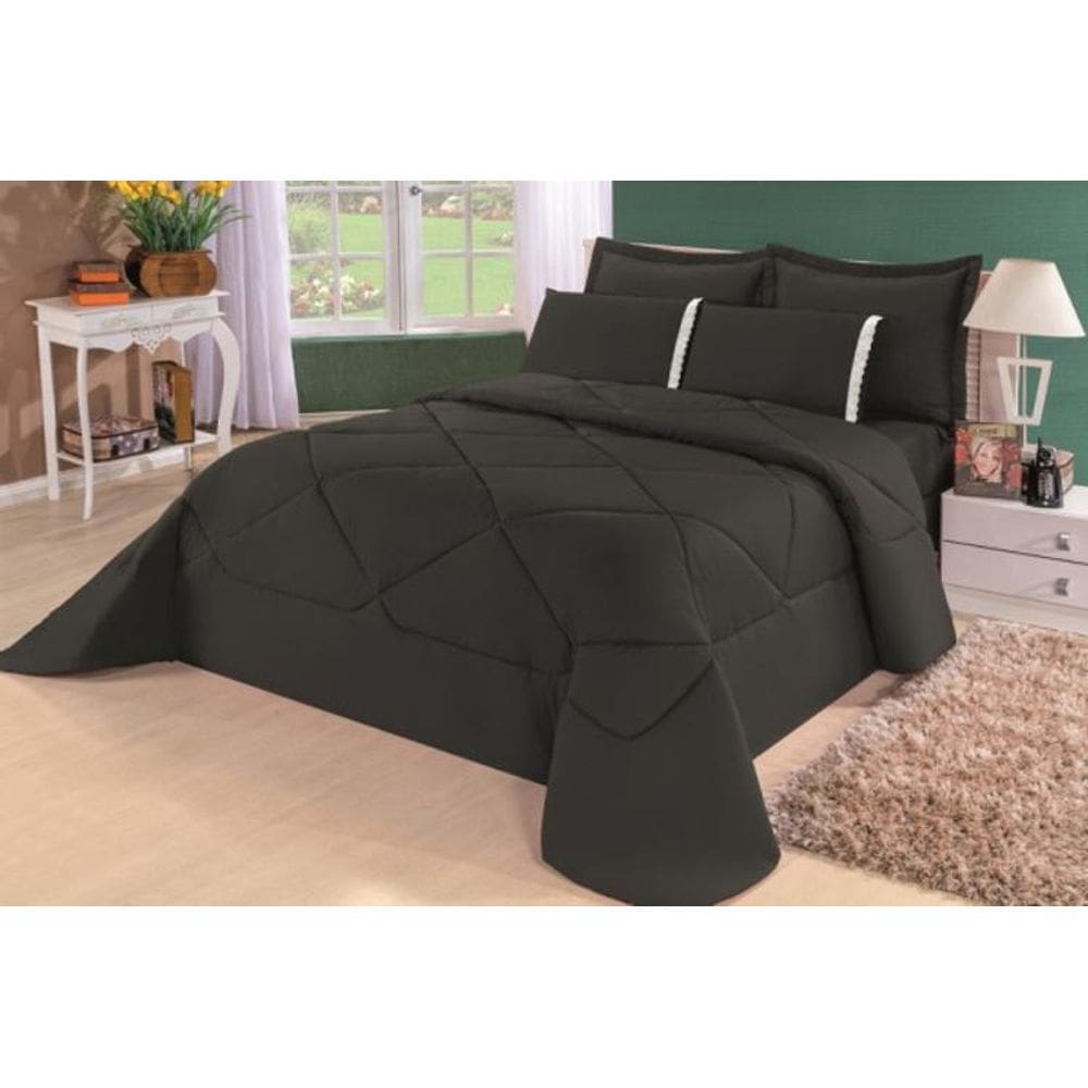 Kit Edredom + Lençol Dupla Face Casal Queen 6 Pçs Preto