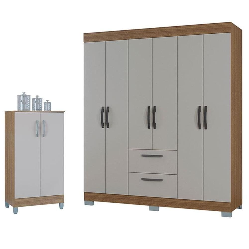 Guarda Roupa Casal Tóquio 6 Portas com Armário Multiuso 2 Portas Pequeno Castanho Off White - Poquema