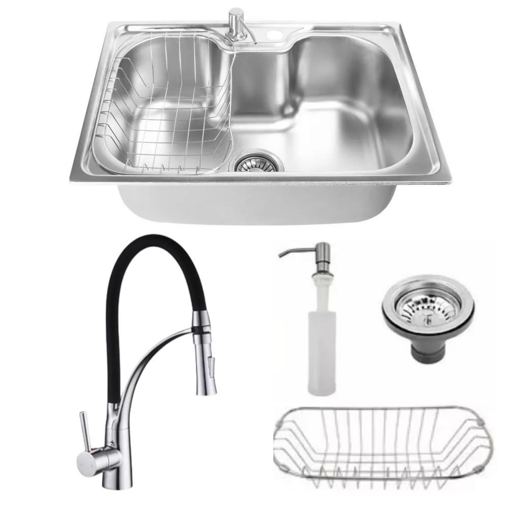 Kit Cuba Gourmet Simples Inox com Acessórios e Torneira Gourmet com Misturador Monocomando Flexível