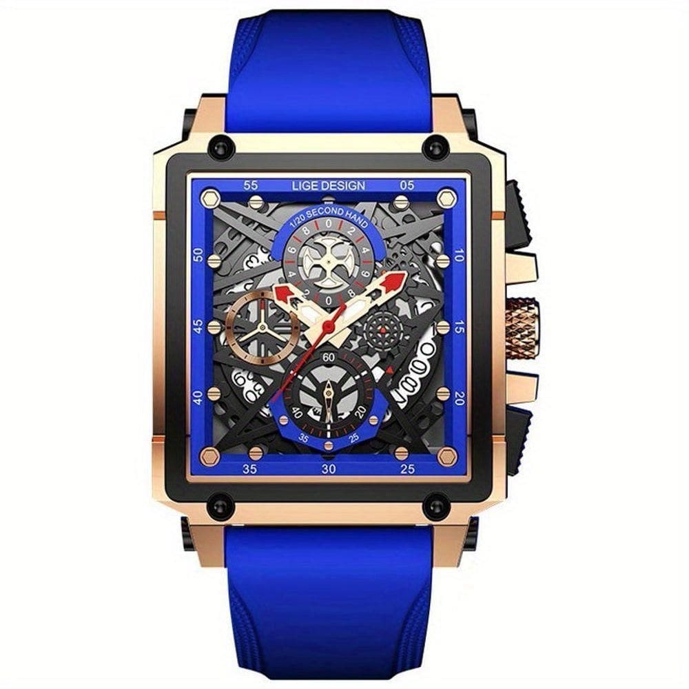 Relógio Masculino Lige, Quadrado De Pulso à Prova D`água Com Pulseira De Silicone Quartzo Esportivo Azul