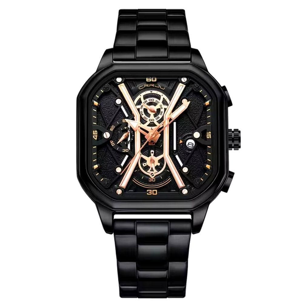 Relógio Masculino De Quartzo Em Aço Inoxidável Impermeável Design Quadrado Luminoso Preto Fosco