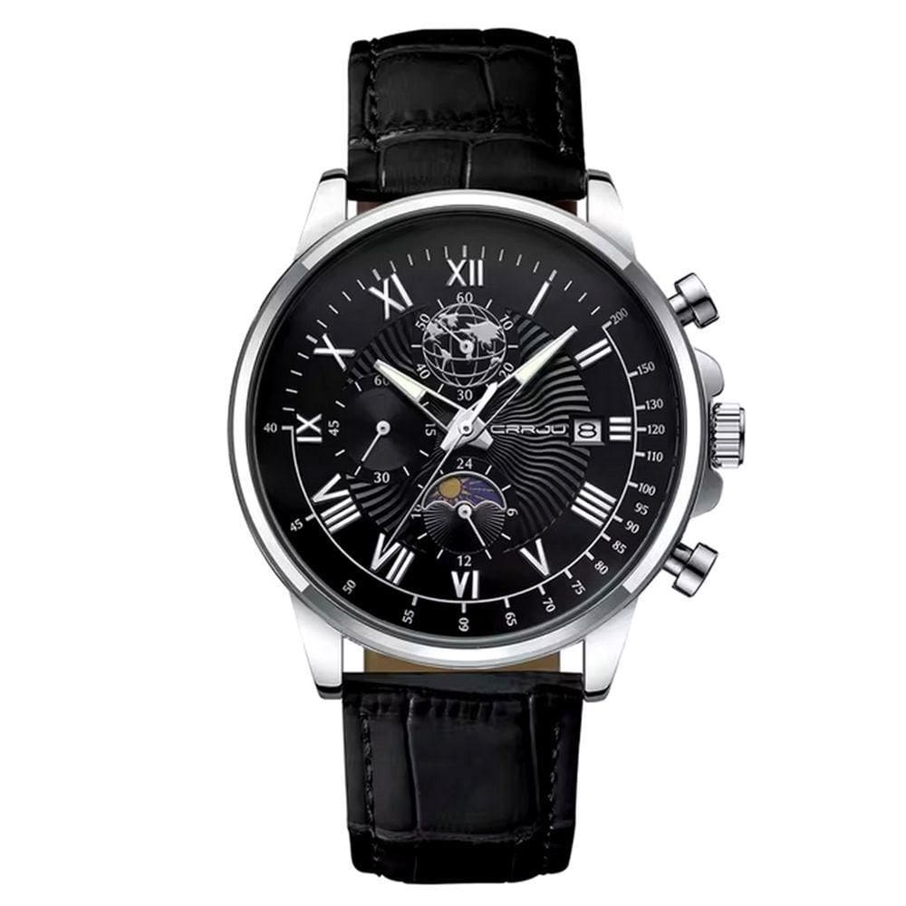 Relógio Clássico Masculino Sun Moon Quartzo Casual Impermeável 3atm Preto Prata