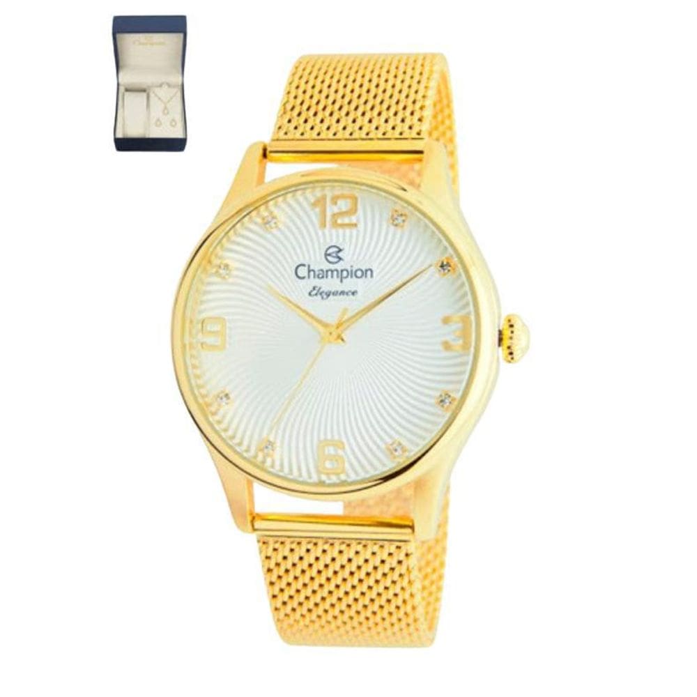 Relógio Feminino Champion Dourado Com Kit Bijuteria Cn25716B
