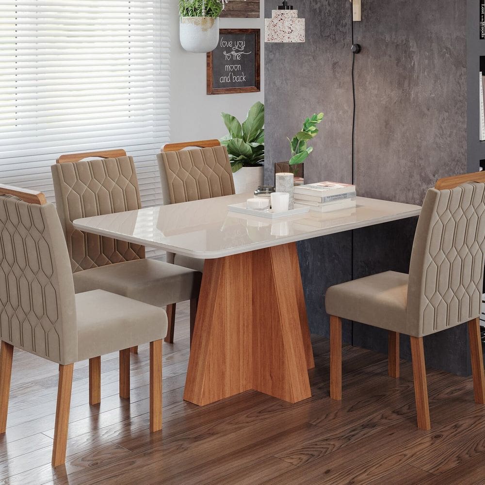 Sala de Jantar Maitê 130 Cm com 4 Cadeiras Paola Wood Cinamomo/Off