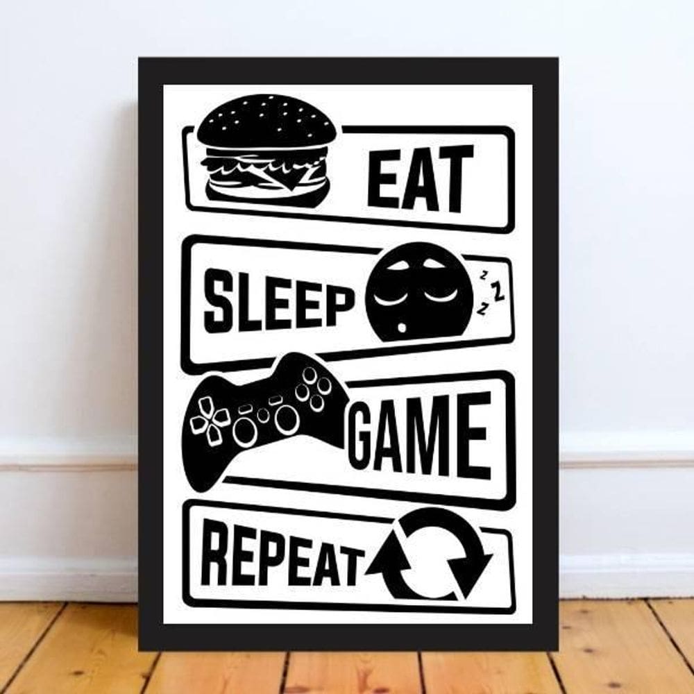 Quadro Eat Sleep Game Repeat 33X24Cm Moldura Preta