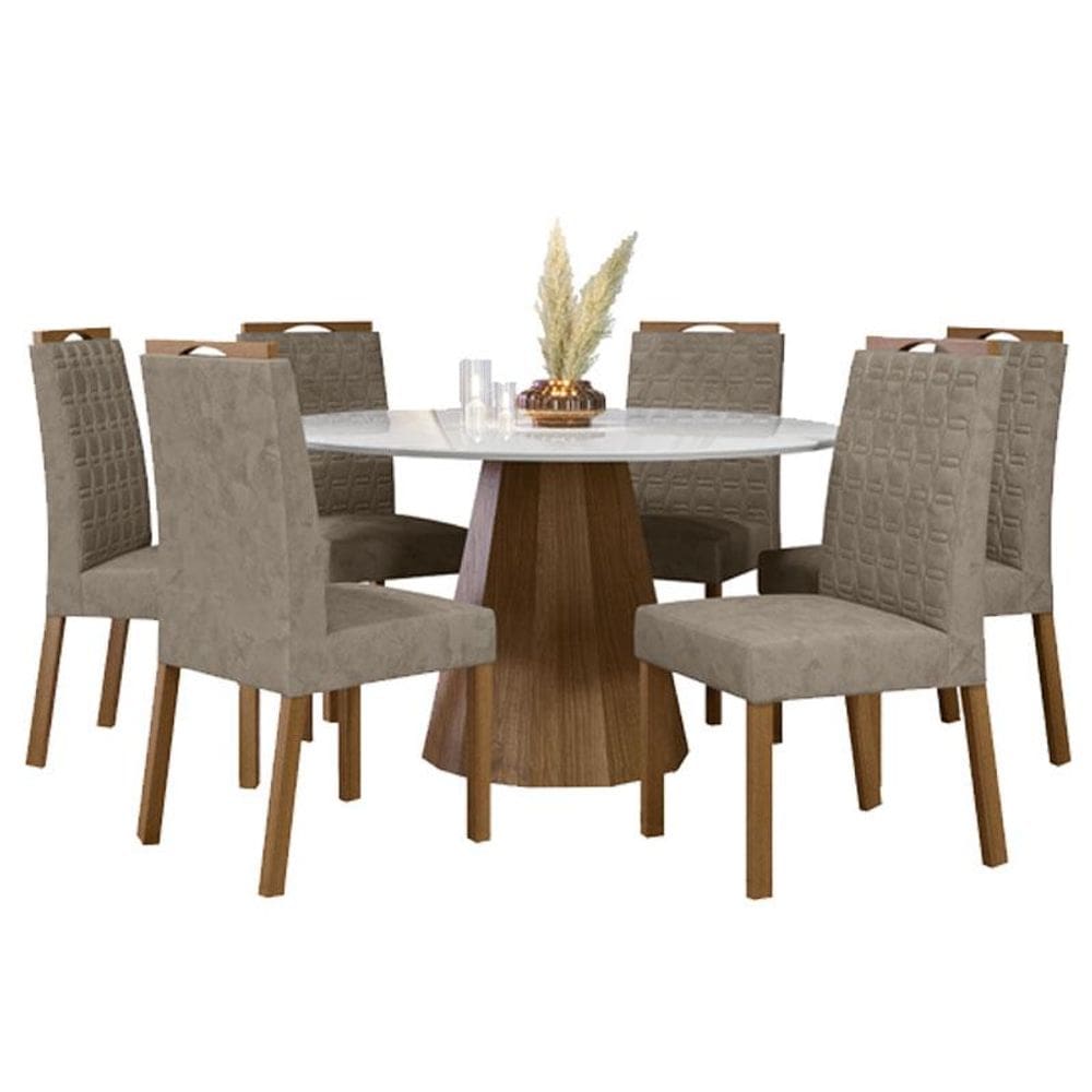 Mesa de jantar Isis 135x135 cm com Vidro Ype Off White e 6 Cadeiras Mariana Camurça Marrom - New Ceval