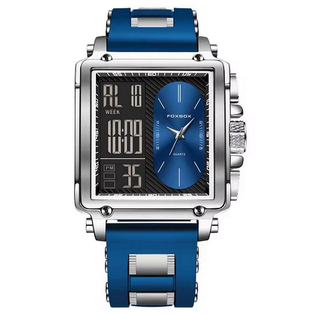 Relógio Quadrado De Quartzo Masculino Dual Display Impermeável Pulseira De Silicone Azul