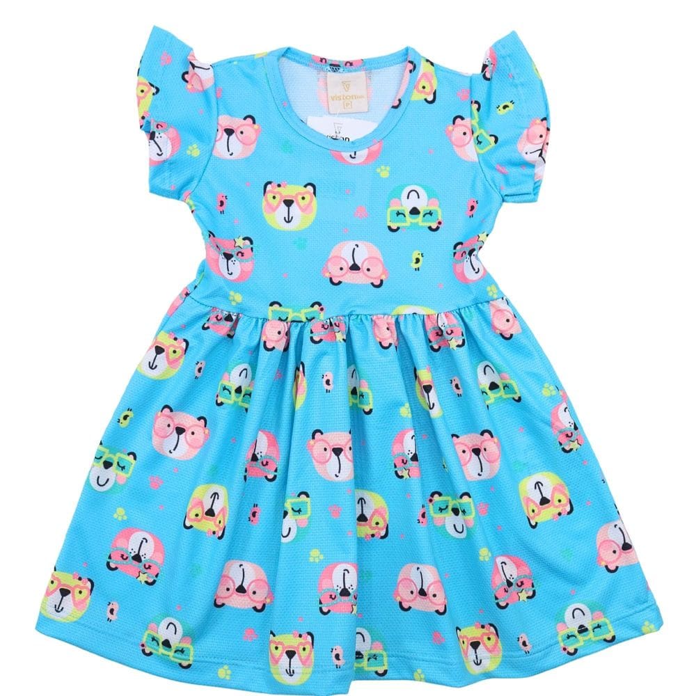 Vestido Infantil Sublimado Estampa de Ursinhos Azul Claro