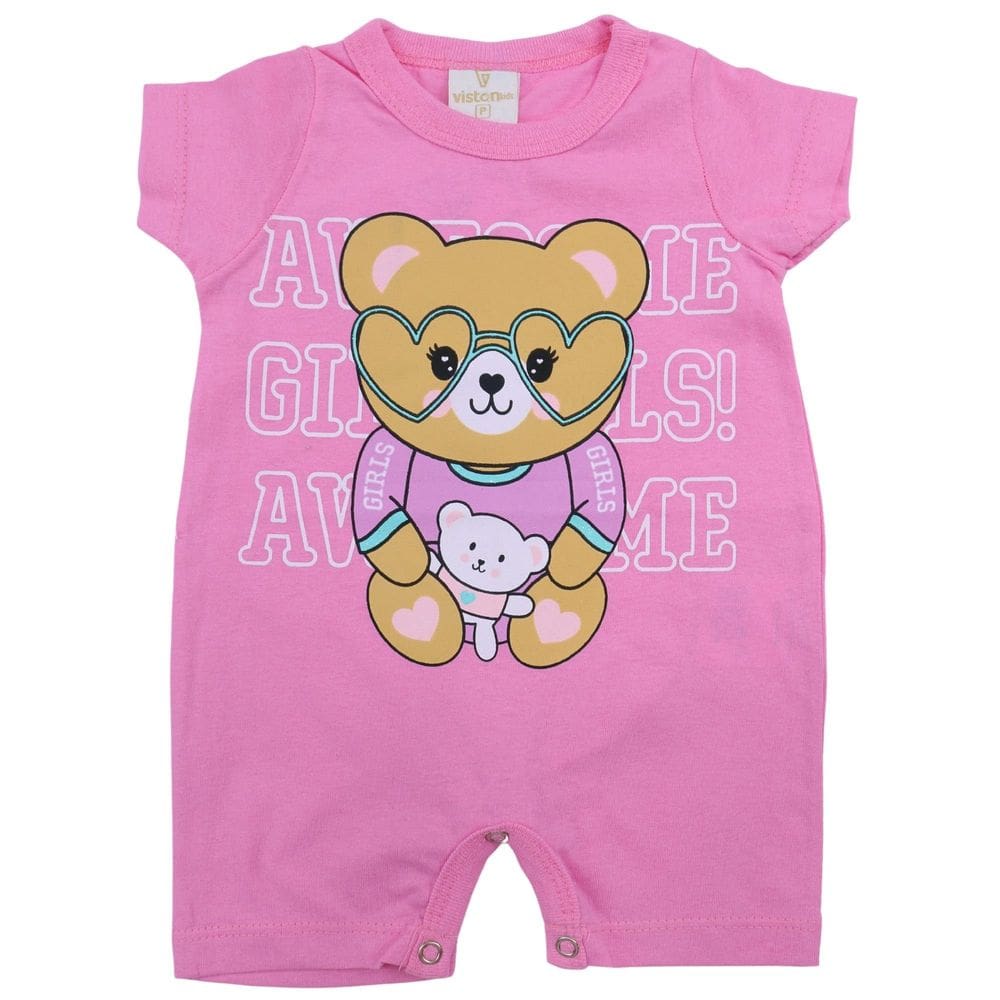 Macacão Verão Bebê Menina Meia Malha Rosa com Silk Ursinha