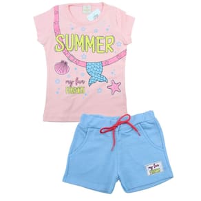 Conjunto Verão Menina Blusa Rosa e Short Azul Infantil Summer