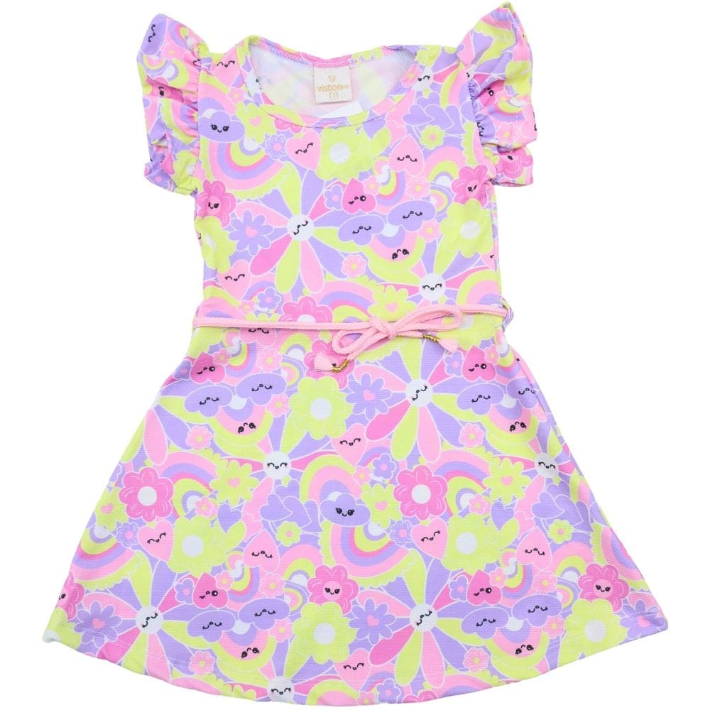 Vestido Sublimado Estampado Rosa com Cinto Infantil Verão